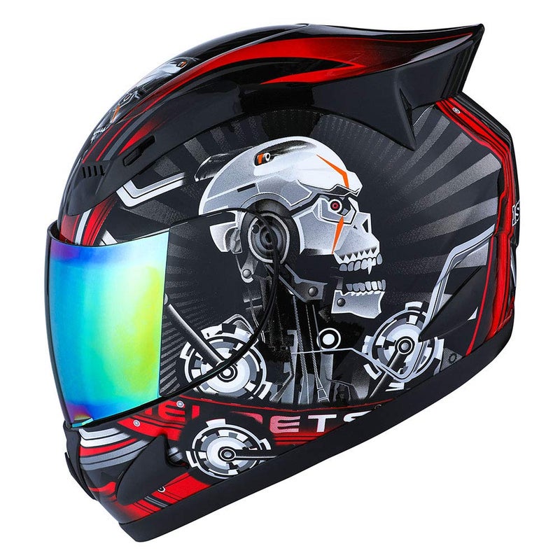 1Storm Motorcycle Bike Full FACE Helmet Mechanic Skull - Tinted Visor RED - Image 1